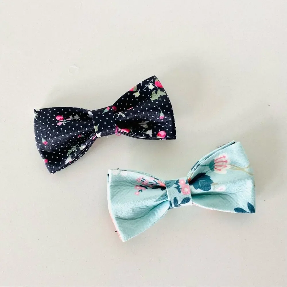 NEW HANDMADE Navy Blue Polka Dot Pink Floral Dog Cat Pet Collar Elastic Bow Tie